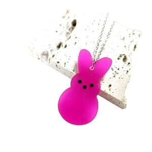 Pink Peep Bunny on Silver Chain Necklace Spring Easter